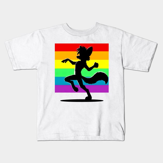 Rainbow LGBTQ Furry Pride Dancing Fox Fursona Kids T-Shirt by Blue Bull Bazaar